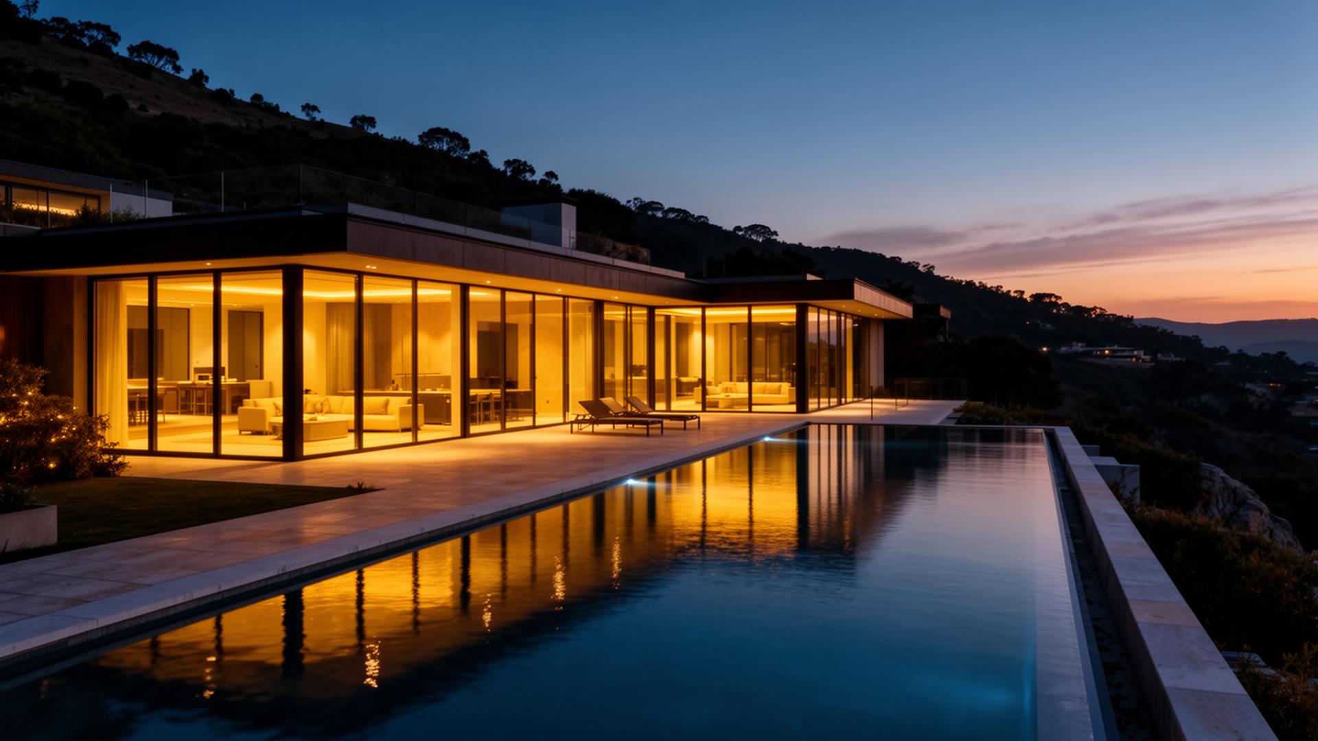 Luxury hillside home at dusk with infinity pool